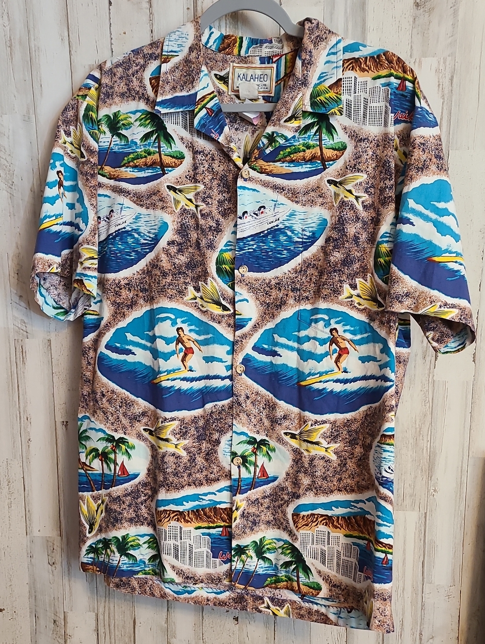 Kahala Hawaiian Surf Print Button-Up Shirt - Blue/Tan